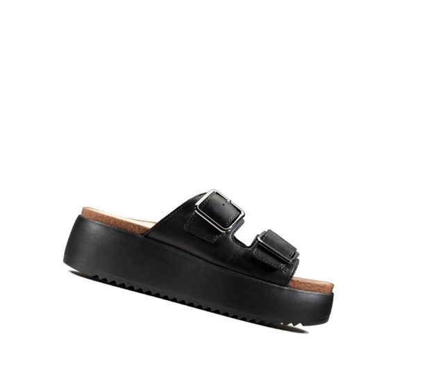 Sandalias Cuña Clarks Botanic Chanclas Cuero Mujer Negras | AMBC-05386