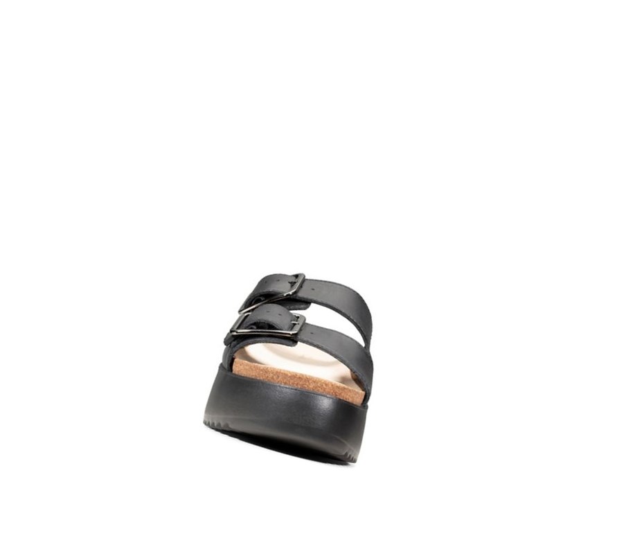 Sandalias Cuña Clarks Botanic Chanclas Cuero Mujer Negras | AMBC-05386