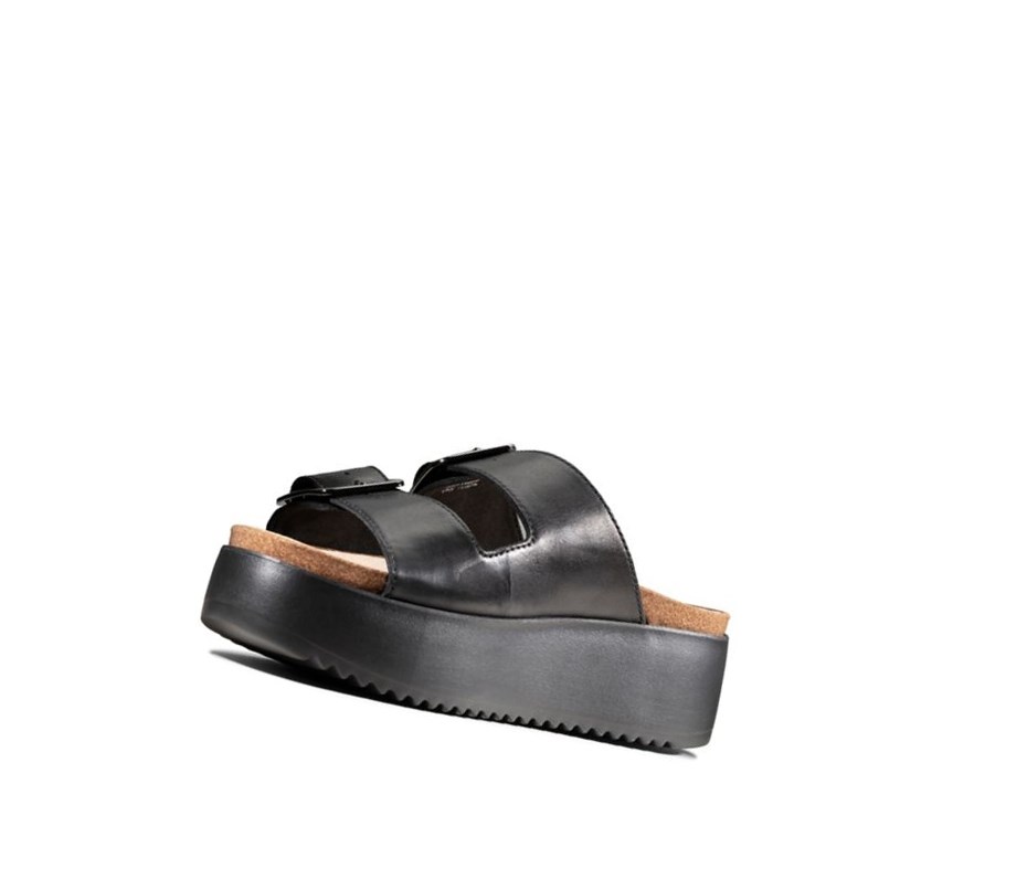 Sandalias Cuña Clarks Botanic Chanclas Cuero Mujer Negras | AMBC-05386