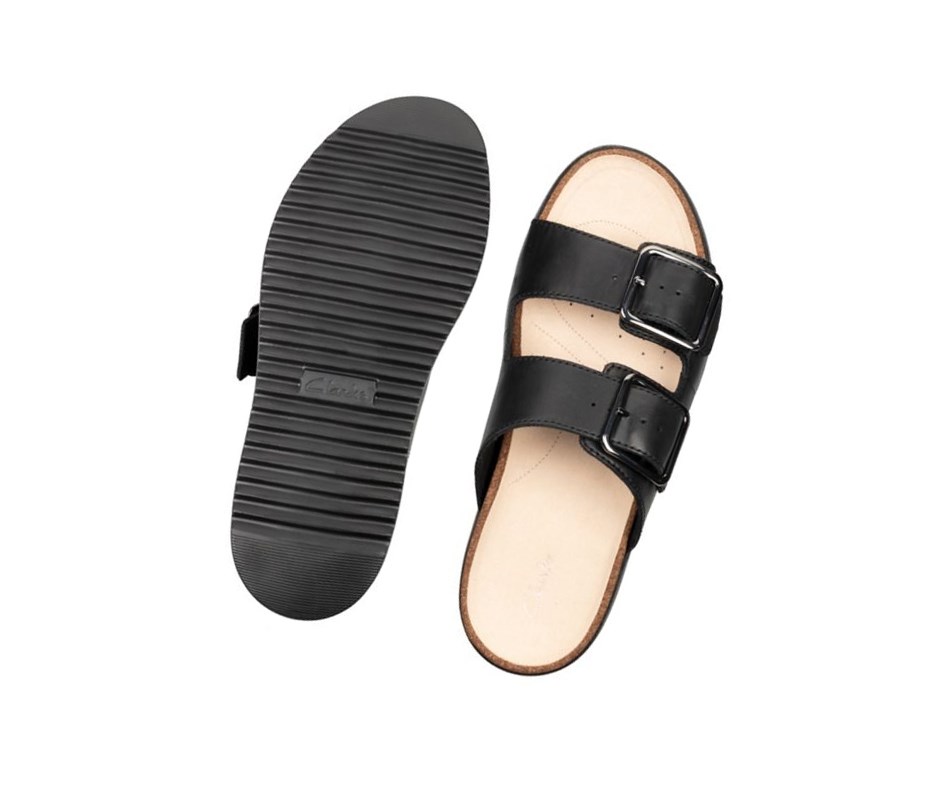 Sandalias Cuña Clarks Botanic Chanclas Cuero Mujer Negras | AMBC-05386