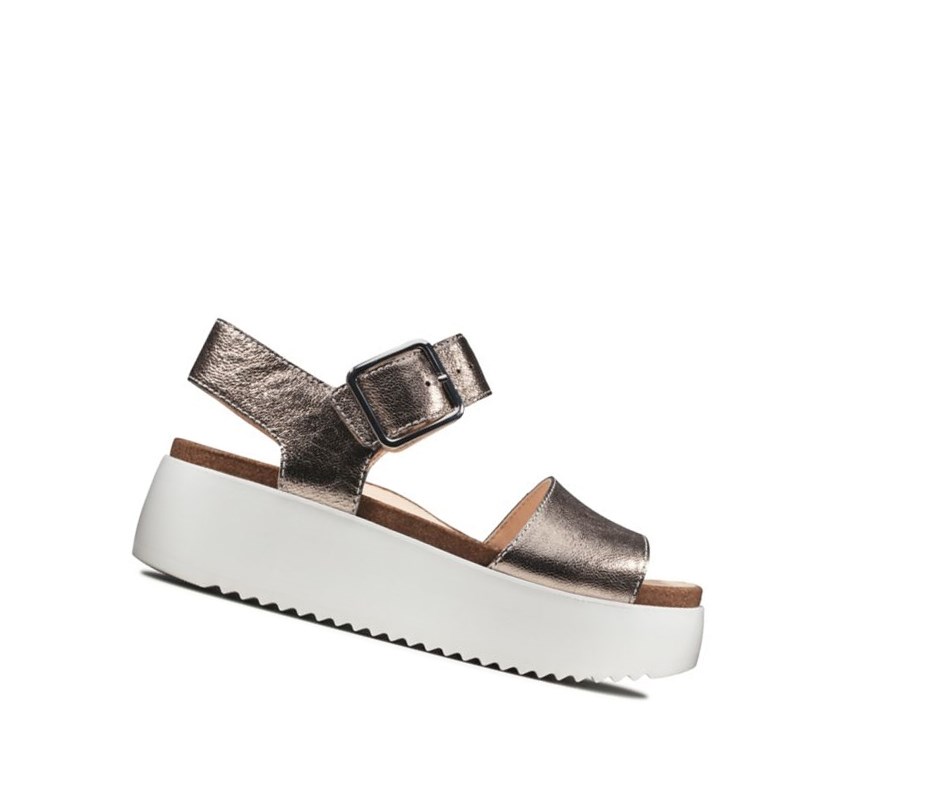 Sandalias Cuña Clarks Botanic Correa Cuero Mujer Doradas | HVMB-06781