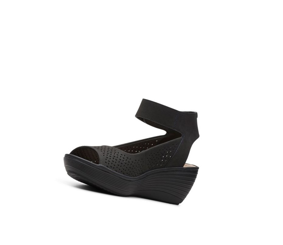 Sandalias Cuña Clarks Reedly Jump Cuero Mujer Negras | BKZD-23467