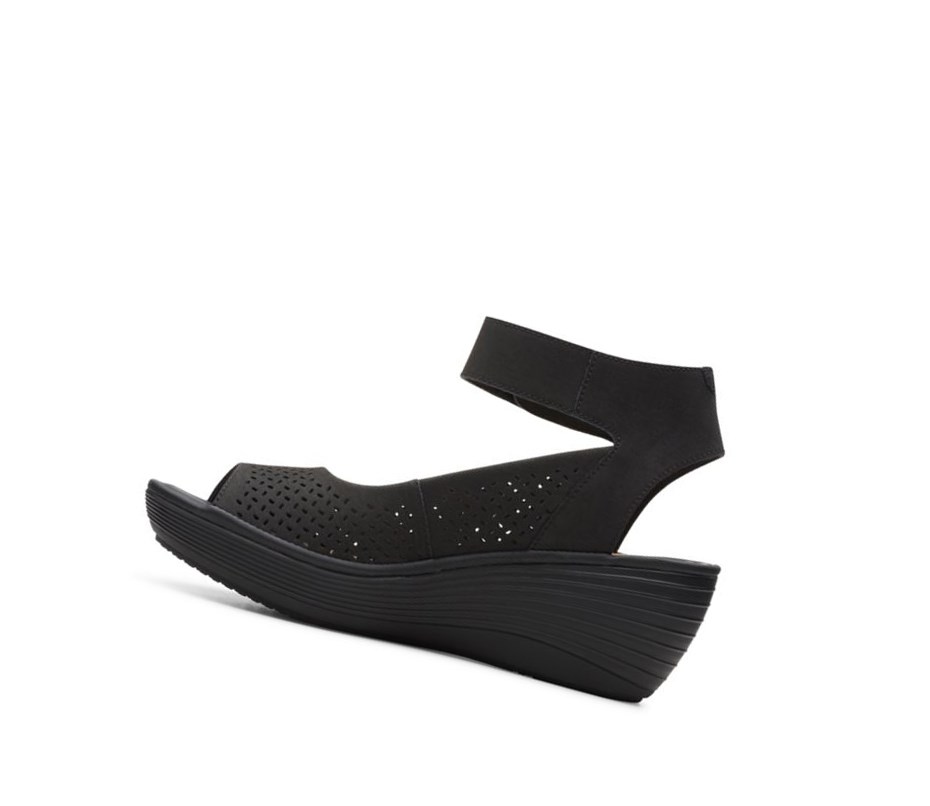 Sandalias Cuña Clarks Reedly Jump Cuero Mujer Negras | BKZD-23467