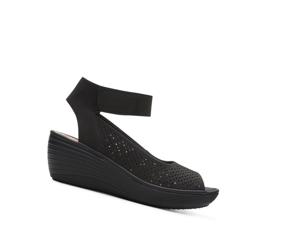 Sandalias Cuña Clarks Reedly Jump Cuero Mujer Negras | BKZD-23467