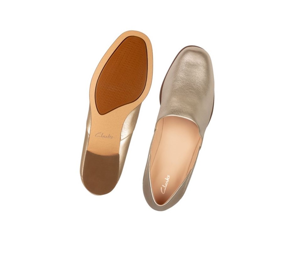 Zapatos Slip On Clarks Pure Tone Cuero Anchos Fit Mujer Doradas Metal | XWLS-85924